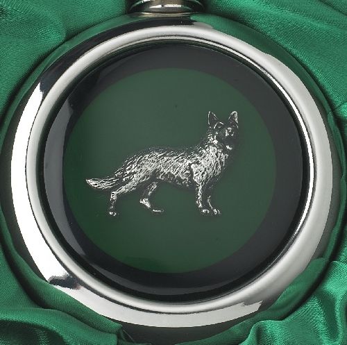 Close-up of the German Shepherd on the Whiskey Flask Close-up of the German Shepherd on the Whiskey Flask