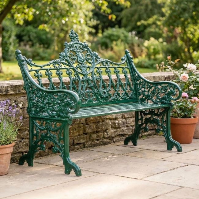 Green Cast Iron Gothic Garden Bench in Use in the garden Digital Illustration