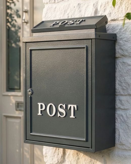 Grey "Oxford" Wall Mounted Post Box with Silver Text Digital illustration 