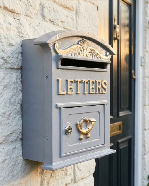 Grey & Gold Curved "Cambridge" Traditional Wall Mounted Post Box digital illusstration