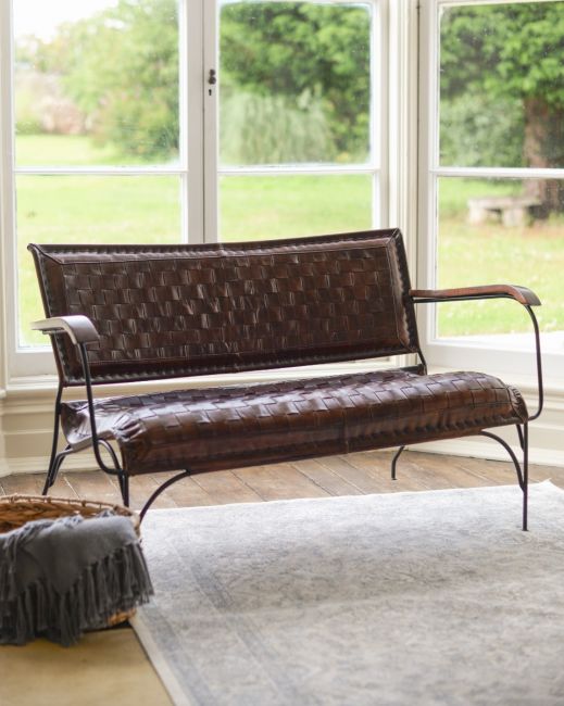 Hand Woven Tan Leather and Iron Two Seater Chair Hand Woven Tan Leather and Iron Two Seater Chair
