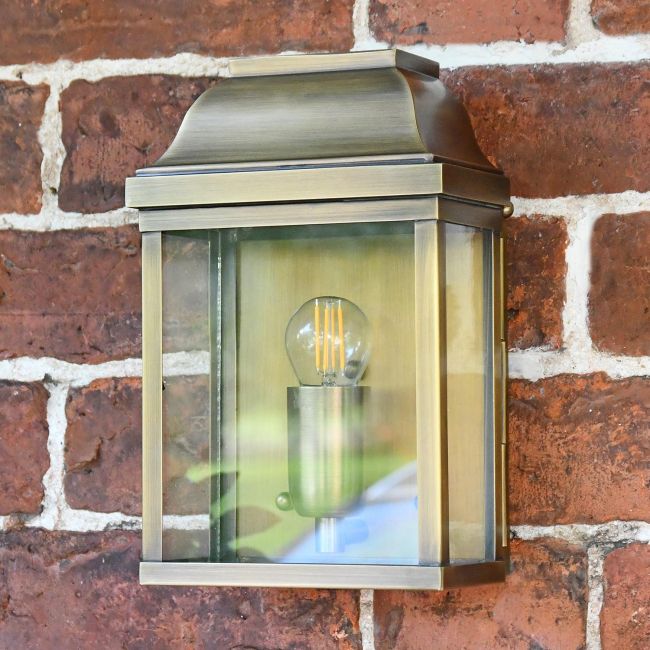 "Heathfield" Antique Brass Classic Brass Half Wall Lantern in Situ on a Brick Wall "Heathfield" Antique Brass Classic Brass Half Wall Lantern in Situ on a Brick Wall