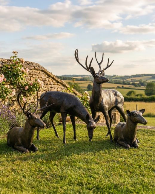 Herd of Recycled Cast Aluminium Stag & Doe Sculpture in Situ