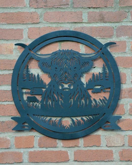 Highland Cow Profile Garden Wall Art on brick wall