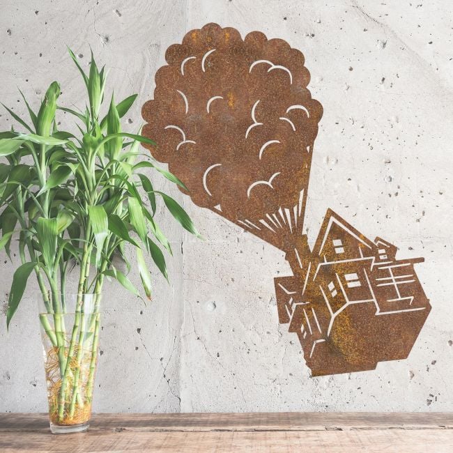 Floating House on Balloons Steel Wall Art in Situ in the Home Floating House on Balloons Steel Wall Art in Situ in the Home