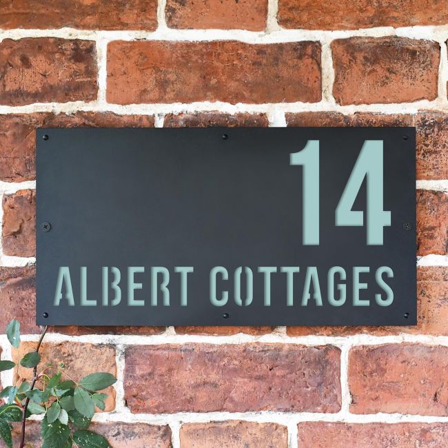 Pastel Turquoise "Albert" House Sign in Situ on the Wall