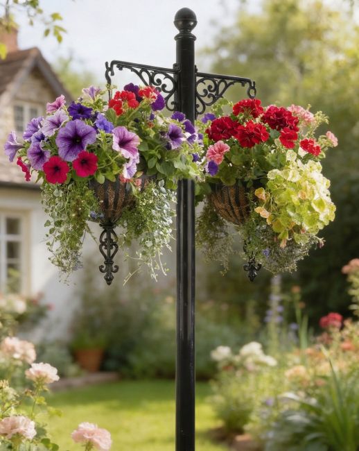 Digital illustration of "Dashwood" Hanging Basket Pillar in front of country home
