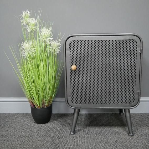 Industrial Mesh Bedside Cabinet with Wooden Handle in Situ Industrial Mesh Bedside Cabinet with Wooden Handle in Situ