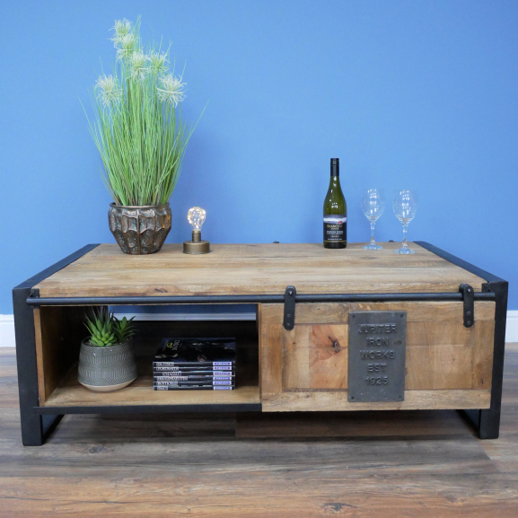Industrial Wood & Iron Sliding Door Coffee Table in Situ