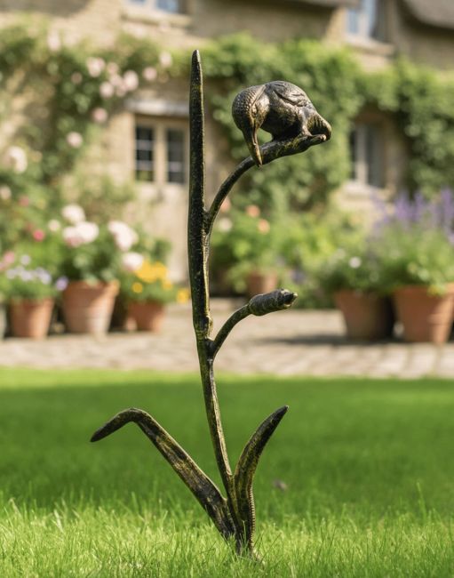 Black and Gold Kingfisher Hunting from Reed Cast Aluminium Sculpture