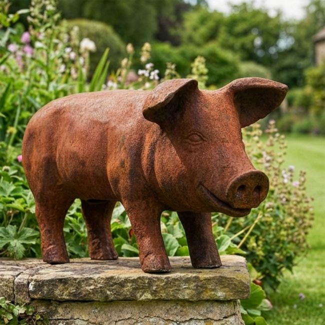 Digital illustration of Large Rustic Cast Iron Pig Sculpture in garden