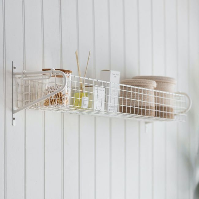 White Wire Wall Mounted Basket Shelf in Situ