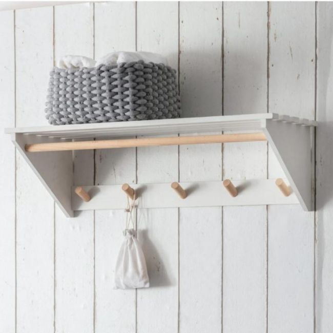 White Slatted Laundry Shelf with Hooks