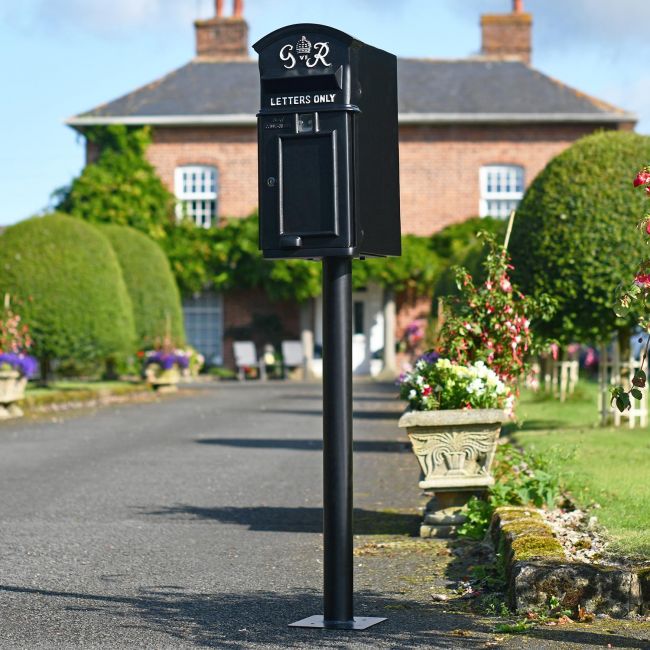 Black Curved Top GR Post Box & Stand Black Curved Top GR Post Box & Stand