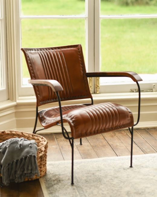 The "Byron" Tan Leather & Wood Armchair In Situ The "Byron" Tan Leather & Wood Armchair In Situ