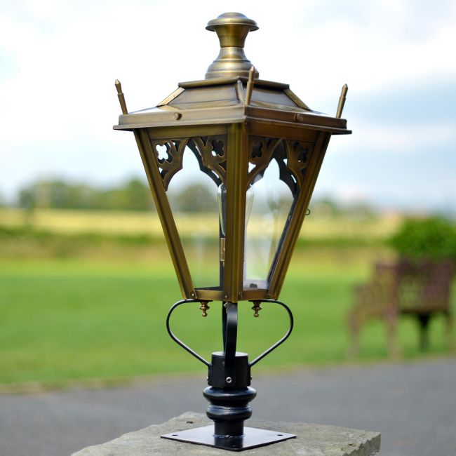 Brass Gothic Pillar Light and Lantern Set in Situ on a Driveway Brass Gothic Pillar Light and Lantern Set in Situ on a Driveway