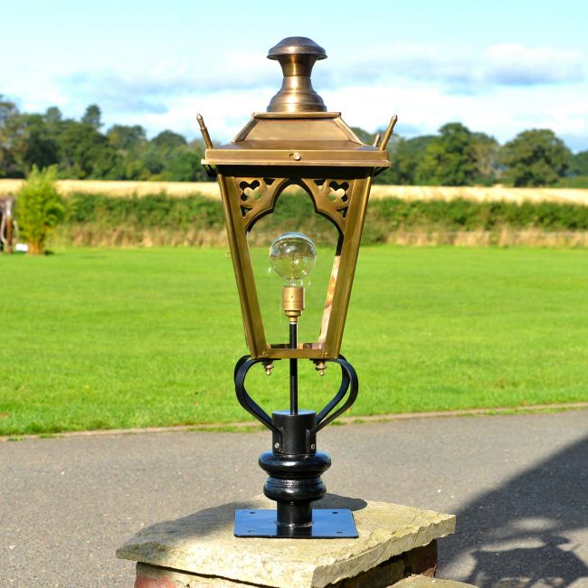 81cm Brass Gothic Pillar Light and Lantern Set on a Brick Pillar 81cm Brass Gothic Pillar Light and Lantern Set on a Brick Pillar