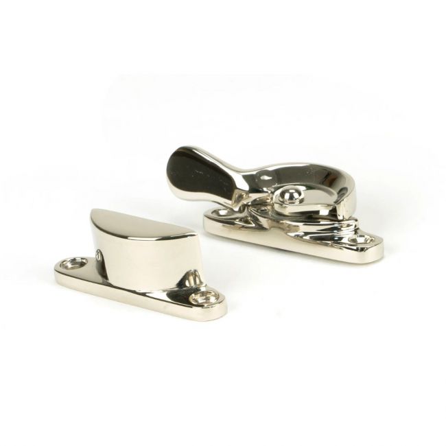 The Locking Fitch Sash Window Fastener - Polished Nickel on a White Background 