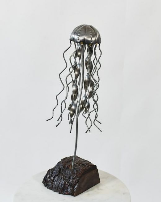 "Luna" the Recycled Metal Jellyfish with Wood Base "Luna" the Recycled Metal Jellyfish with Wood Base
