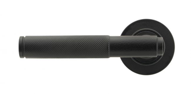 Matte Black Textured Unsprung Lever Door Handle on Rose Front