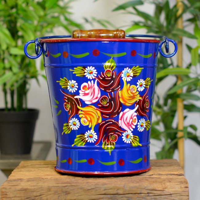 Large Blue Narrowboat Bucket with a Hand Painted Design Large Blue Narrowboat Bucket with a Hand Painted Design