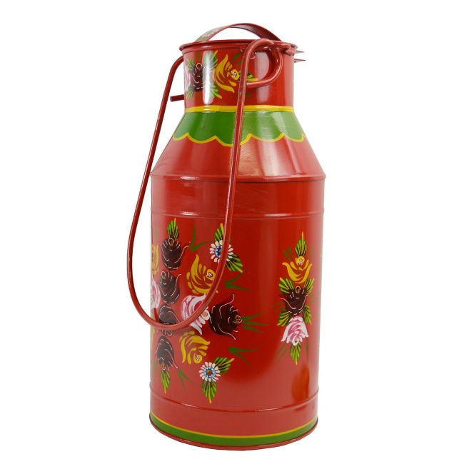 Large Red Narrow Boat Milk Churn with Floral Pattern Large Red Narrow Boat Milk Churn with Floral Pattern