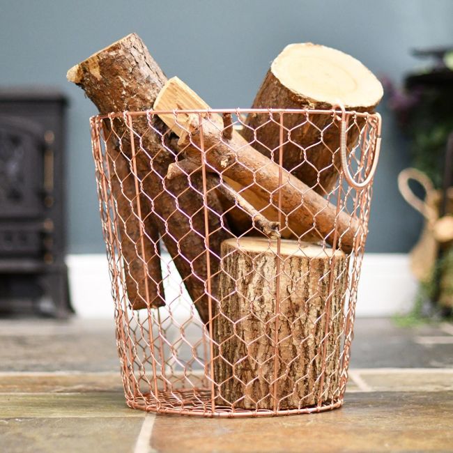 Rose Gold Wire Log Basket in Situ Rose Gold Wire Log Basket in Situ