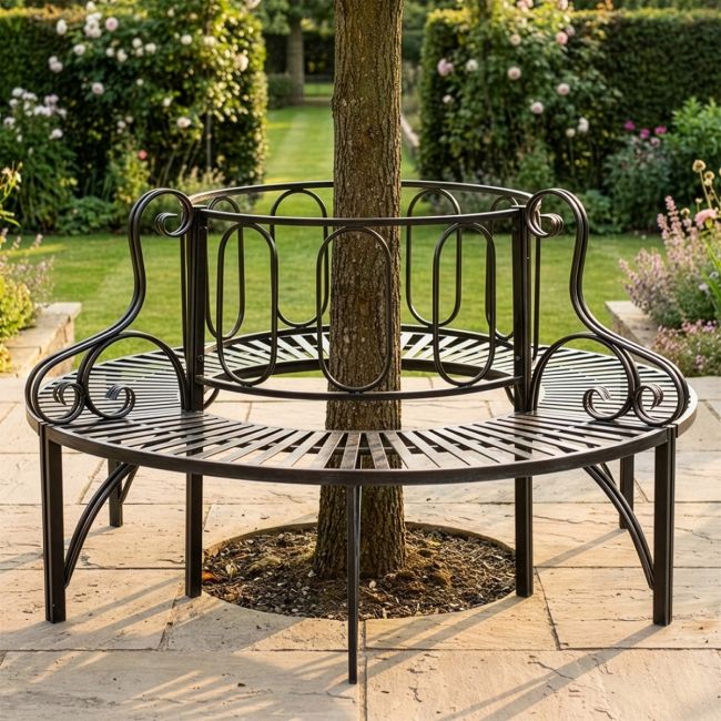 Midnight Black Ornate Antique Full Tree Bench digital illustration