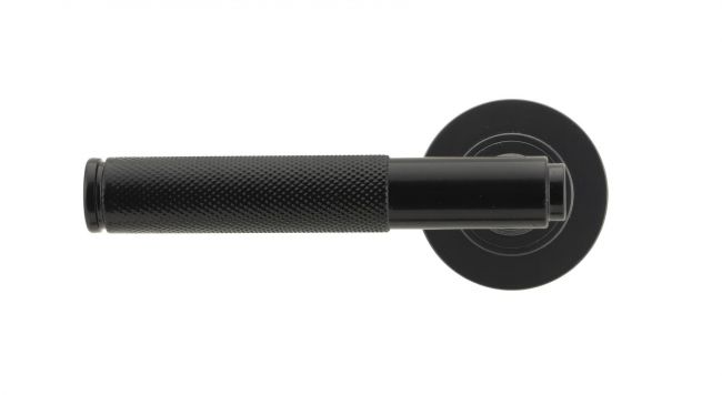 Midnight Black Textured Lever Door Handle on Rose Front