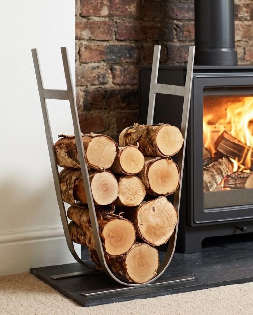 Minimalistic Antique Pewter Log Rack & Holder in Situ