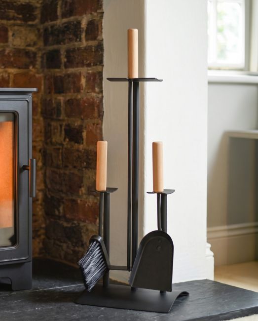 Modern "Asher" Fireside Companion Set In A Fireplace Setting Modern "Asher" Fireside Companion Set In A Fireplace Setting