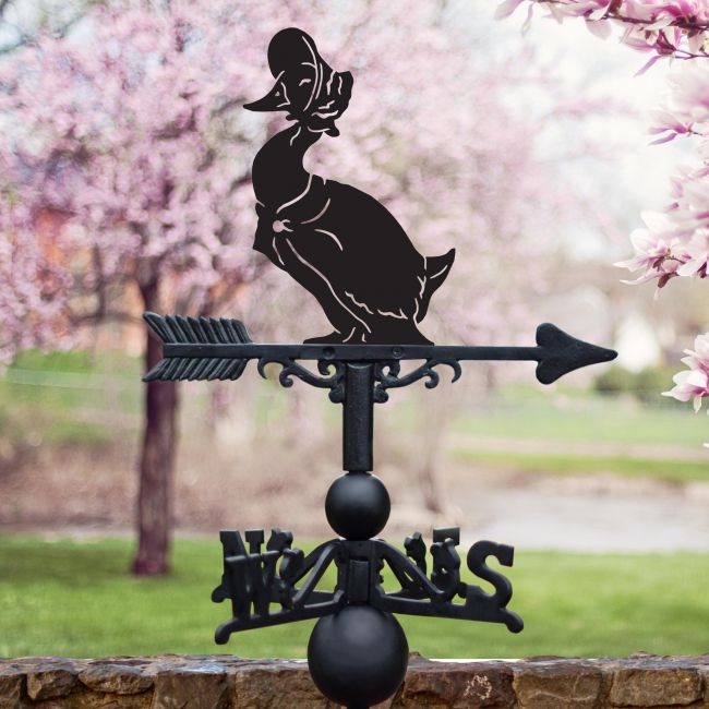 Mrs Duck Weathervane in Situ in Blossom Trees