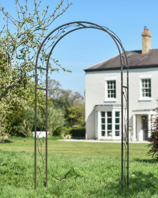 Ornate Floral "Corolla" Natural Lacquer Rose Arch in Situ in Garden