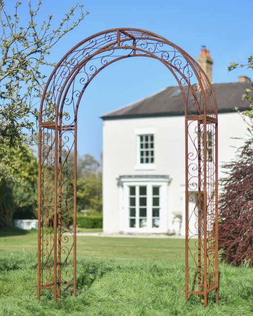 Ornate Scroll "Tenbury" Rustic Rose Arch in Situ in the Garden