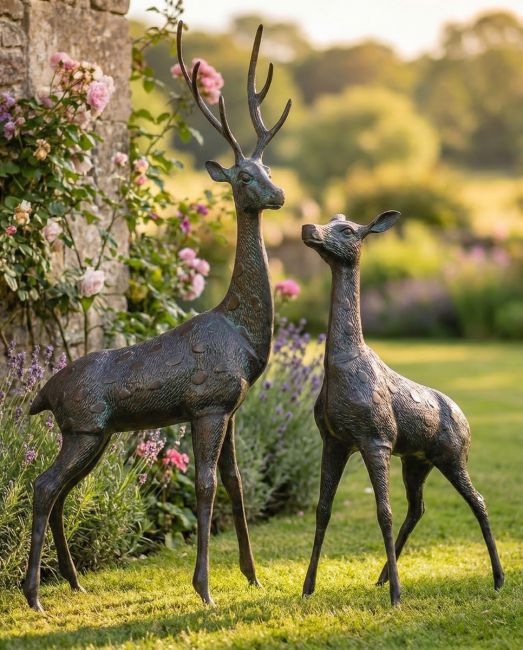 Pair of Cast Aluminium Freestanding "Fallow" Stag & Doe Garden Sculptures in Situ