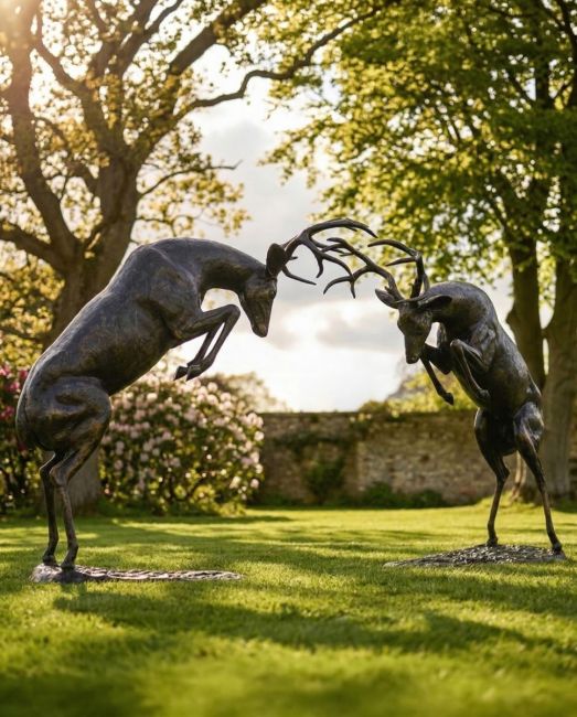 Pair of Cast Aluminium Rutting Stags in Situ