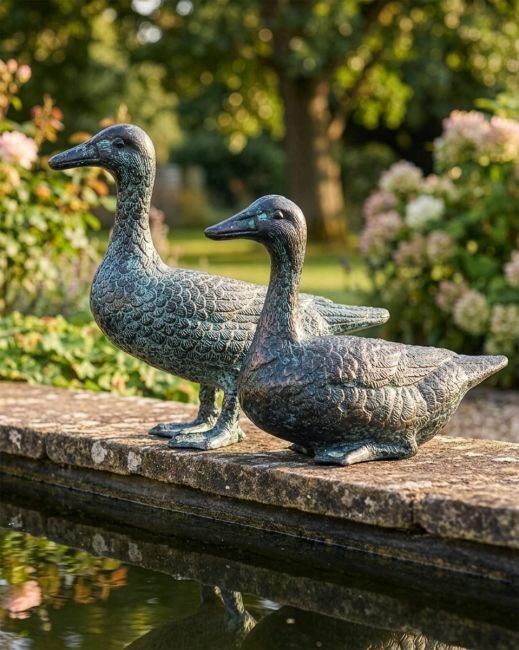 Pair of Cast Aluminium Sitting & Standing Ducks - Verdigris Digital Illustration Pair of Cast Aluminium Sitting & Standing Ducks - Verdigris Digital Illustration