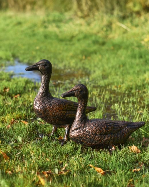 Pair of Cast Aluminium Sitting & Standing Ducks in a Bronze Finish