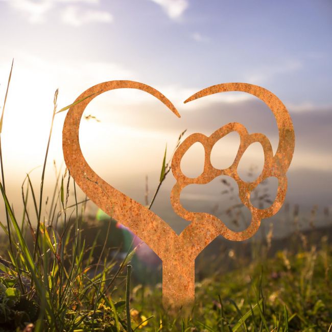 Paw Print on Heart Grave Marker Ground Spike in Rustic Finish Paw Print on Heart Grave Marker Ground Spike in Rustic Finish