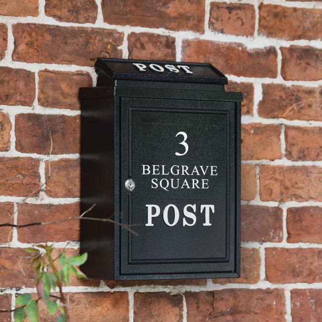 Personalised Black "Oxford" Wall Mounted Post Box with White Text Personalised Black "Oxford" Wall Mounted Post Box with White Text