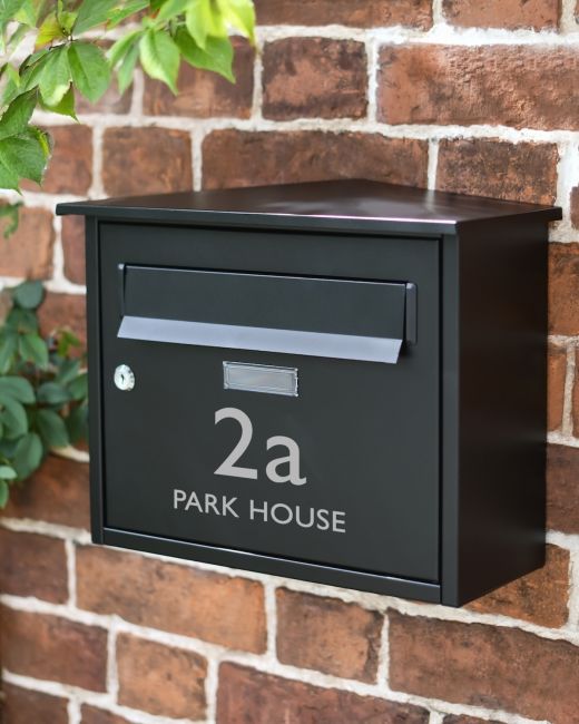 Personalised Modern Black Steel Front Opening Wall Mounted Post Box with Lock Personalised Modern Black Steel Front Opening Wall Mounted Post Box with Lock