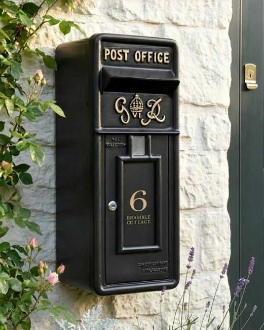 Personalised Oakhampton Slim King George Post Box In Black digital illustration