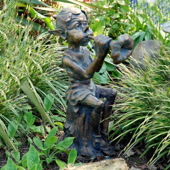 Piping Pixie Garden Sculpture Finished in an Aged Bronze