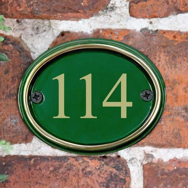 Polished Brass & Green Cast Oval House Number Sign with the Vinyl Number 114 Polished Brass & Green Cast Oval House Number Sign with the Vinyl Number 114