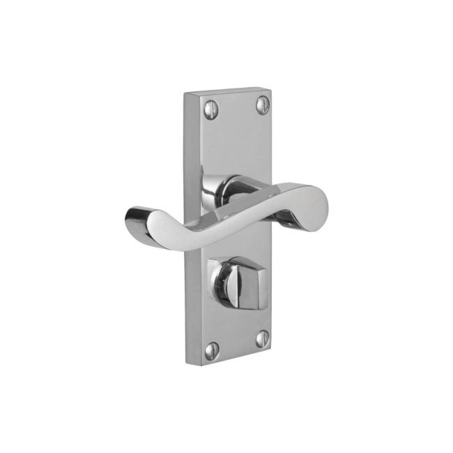 The Polished Chrome Victorian Scroll Bathroom Door Handles - Lever Lock Pair with Thumb Turn on a White Background