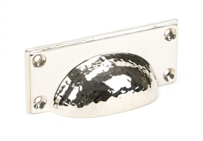 Polished Nickel Rectangular Drawer Pull with Curved Hammered Handle Polished Nickel Rectangular Drawer Pull with Curved Hammered Handle