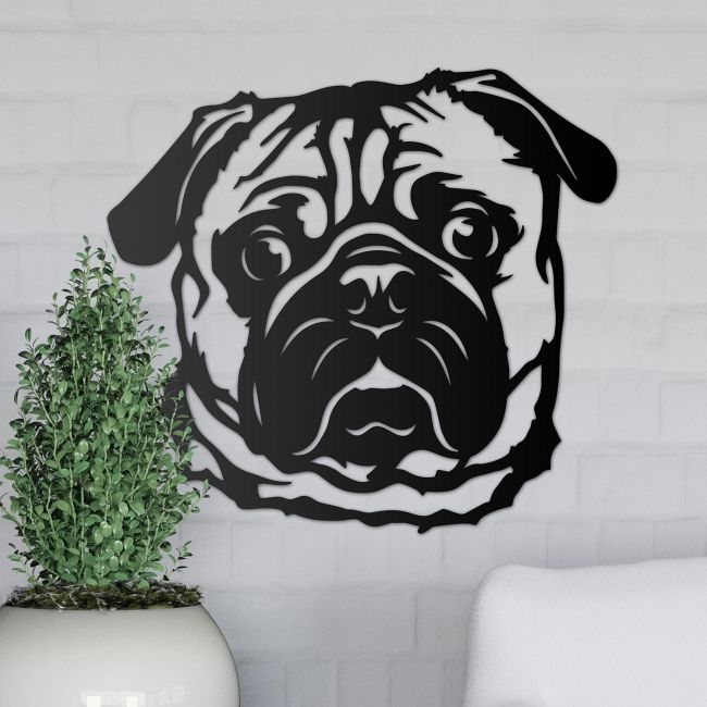 Metal Pug Wall Art on a Grey Wall Metal Pug Wall Art on a Grey Wall
