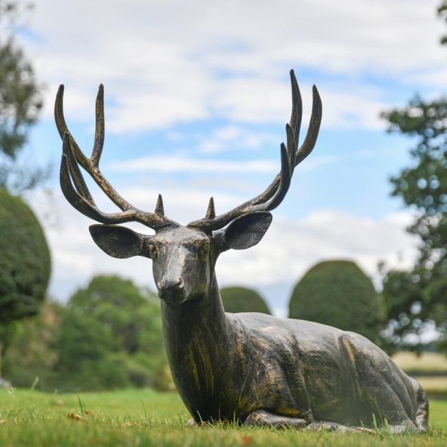 Recycled Cast Aluminium Brushed Gold "Tranquil Glen" Lying Stag Sculpture Recycled Cast Aluminium Brushed Gold "Tranquil Glen" Lying Stag Sculpture
