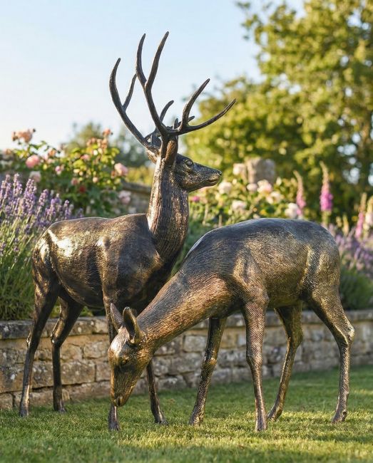 Recycled Cast Aluminium Stag & Doe Sculpture Set In Situ