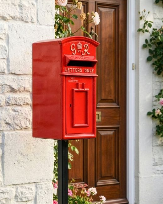 Red & Gold "Goldney" King George Curved Roof Post Box with Stand digital illustration